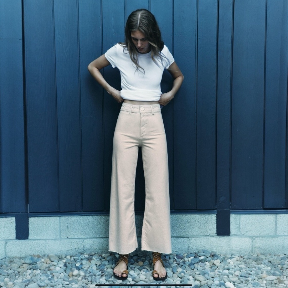 Zara The Marine Straight High Rise Jeans in Tan Size 6- NWT